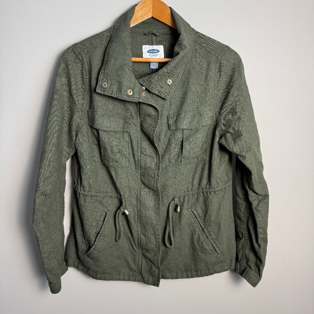 Old‎ Navy Women's Zip Up Linen Field Jacket Collared Army Green Medium Outdoor